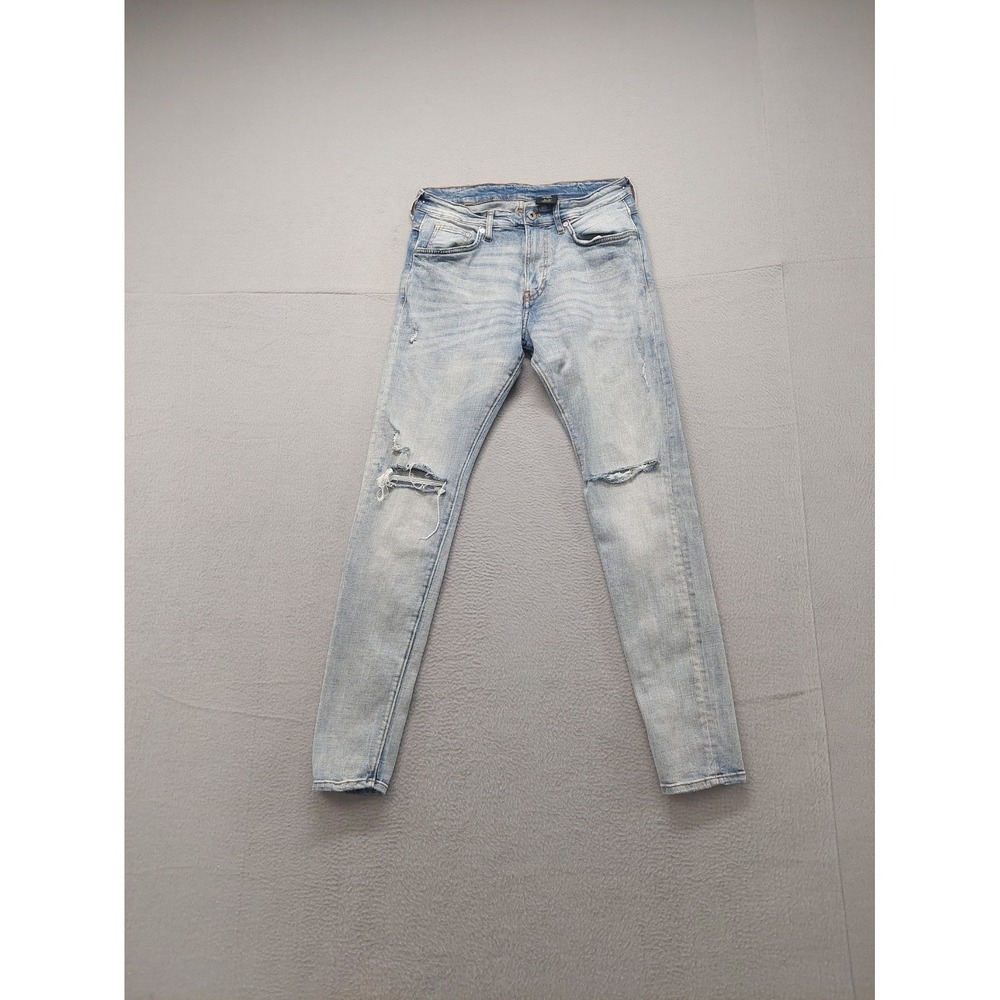 H&M Men Jeans 31/32 Light Blue Zip Button 5 Pocket Distressed Skinny Logo Casual